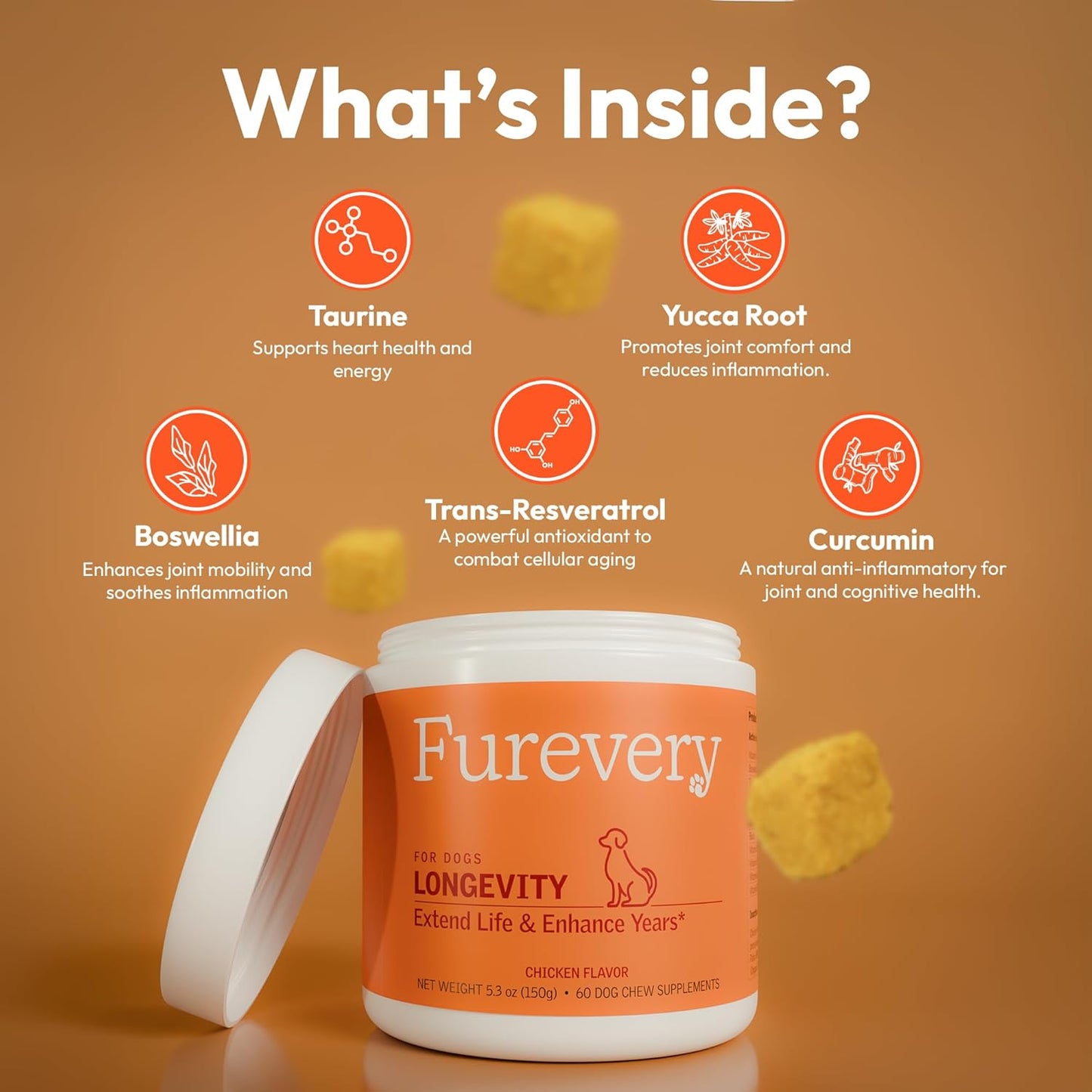 Anti-Aging Chewable Supplement for Dogs with Curcumin, Taurine, and Trans-Resveratrol - Supports Aging, Wellness, and Vitality in Dogs