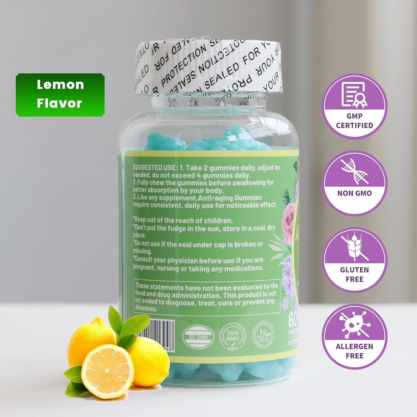 Anti-Aging Lemon Gummies with Skin Rejuvenation, Anti-Wrinkle & Firmness Support - 60 Count