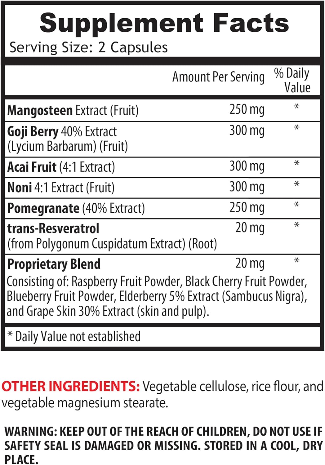 Antioxidant Brain Boost Supplement with Mangosteen, Acai, Pomegranate, Resveratrol, Noni, and Goji Berry - Memory Support - 60 Capsules