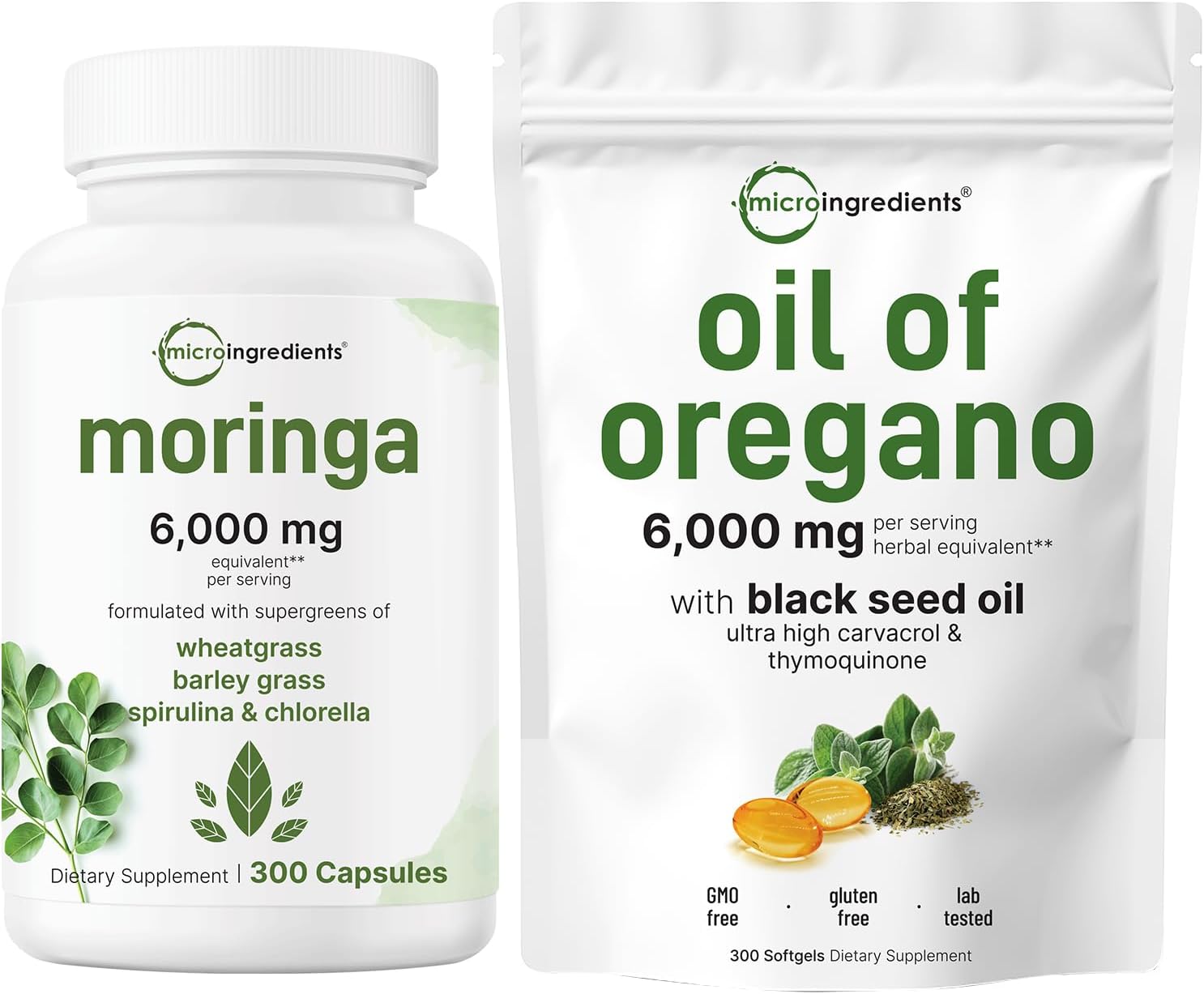 Antioxidant Bundle: Oil of Oregano Softgels & Moringa Capsules 2 Pack - 300 Count, 6,000mg Equivalent - Carvacrol & Thymoquinone Supplement