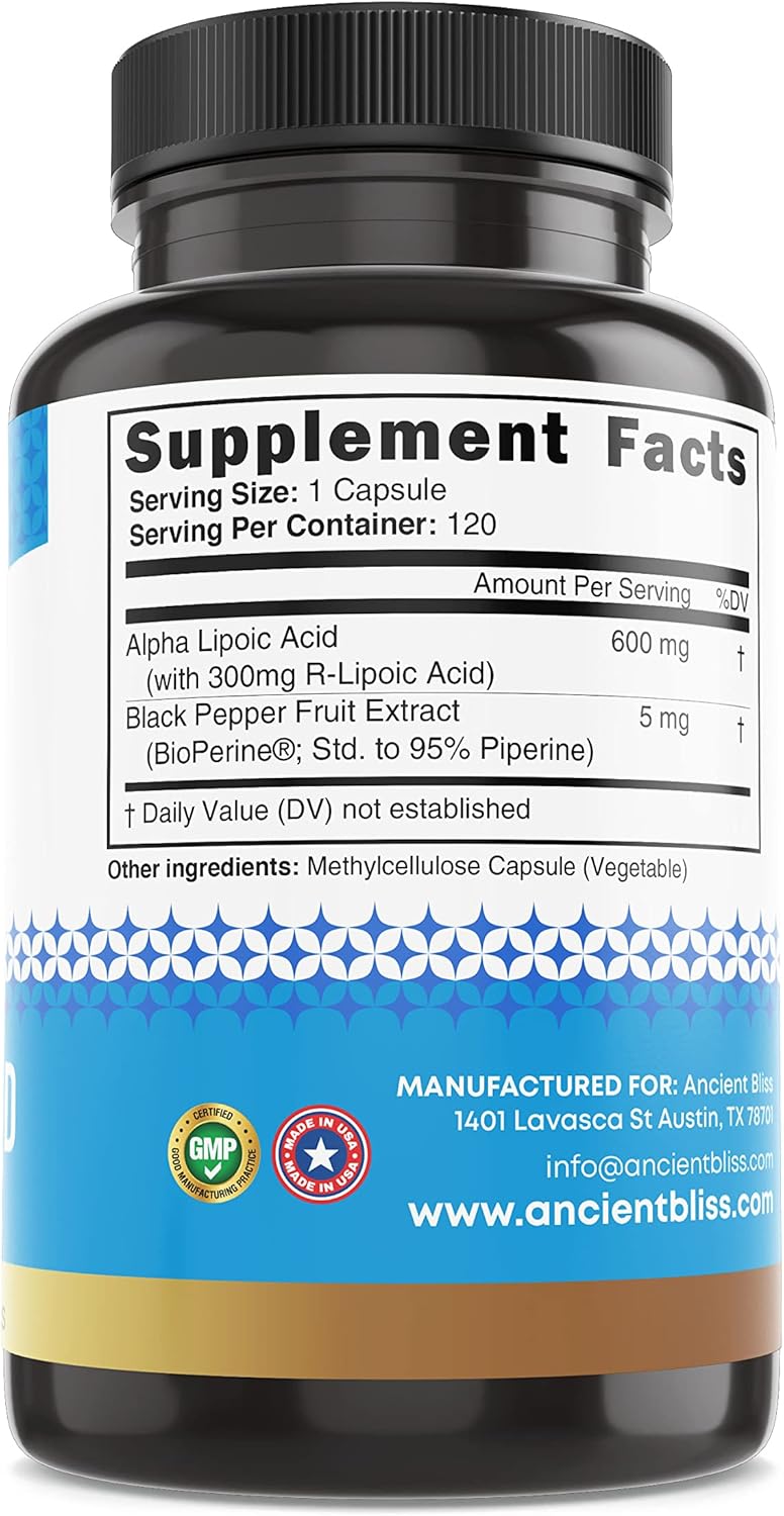 Antioxidant Energy Support: Alpha Lipoic Acid Supplement 600mg with Bioperine, 120 Vegan Capsules, No Gluten & Soy