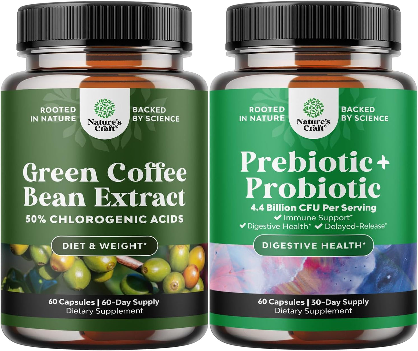 Antioxidant Heart Health Green Coffee Bean Extract Bundle with Prebiotics and Probiotics for Men and Women | Digestive Health Support Supplement