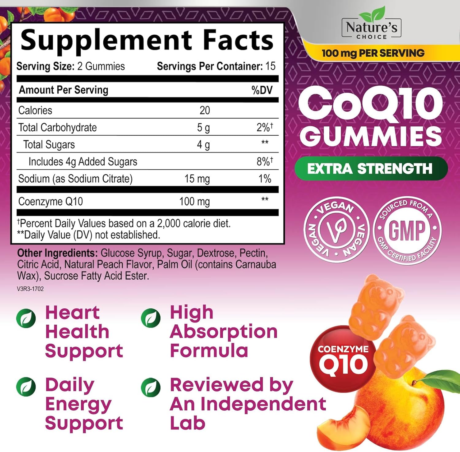 Antioxidant Heart Health Support CoQ10 Gummies - 100mg, 3X Absorption, Energy Boost, Non-GMO, 30 Count