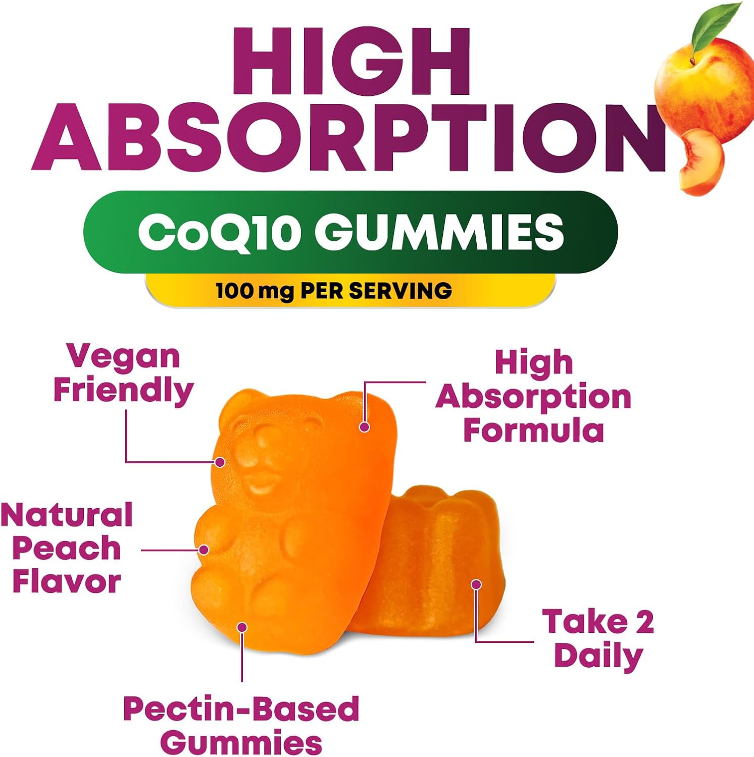 Antioxidant Heart Health Support CoQ10 Gummies - 100mg, 3X Absorption, Energy Boost, Non-GMO, 30 Count