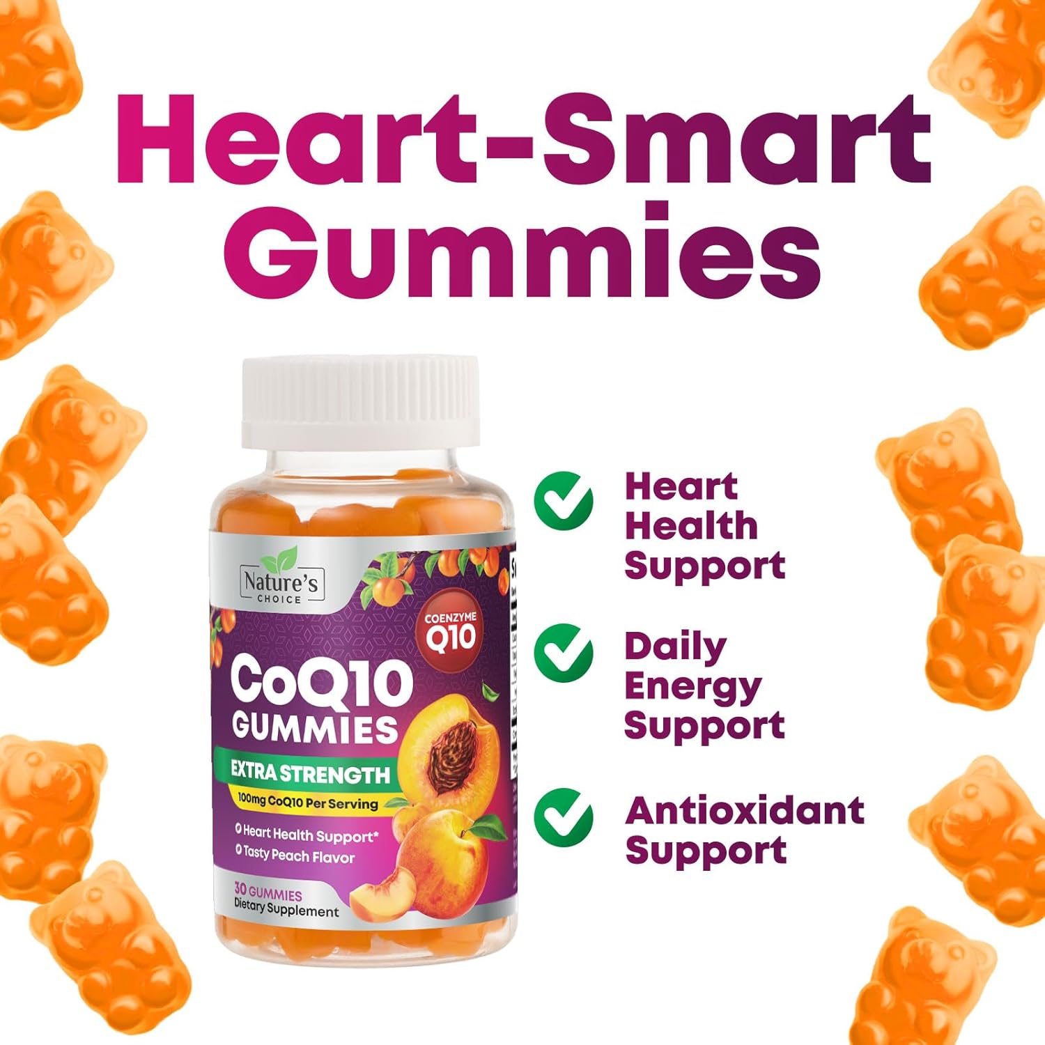 Antioxidant Heart Health Support CoQ10 Gummies - 100mg, 3X Absorption, Energy Boost, Non-GMO, 30 Count