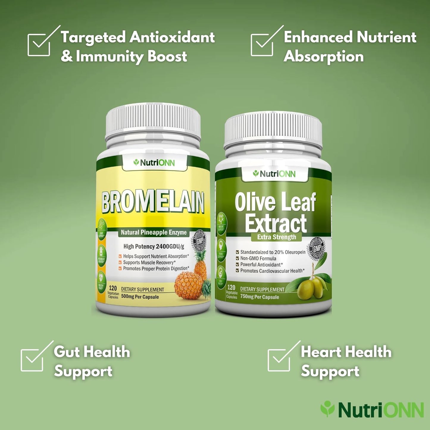 Antioxidant & Immunity Boost Combo: NutriONN Bromelain Capsules + Olive Leaf Extract Capsules