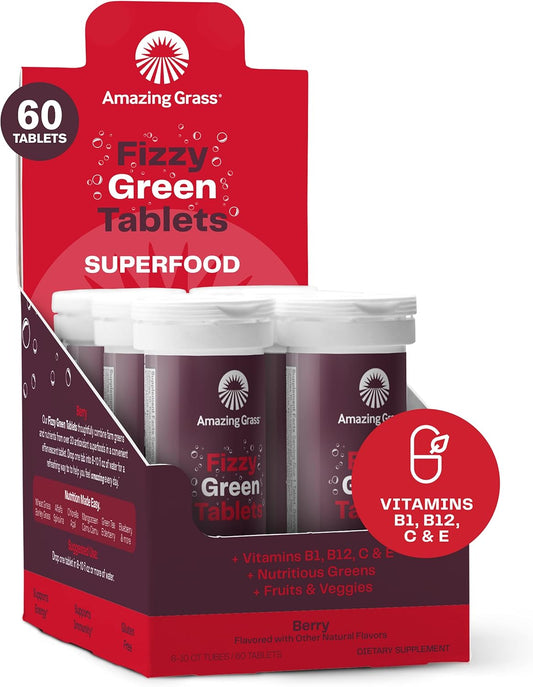 Antioxidant-Rich Berry Green Superfood Tablets: Fizzy Water Flavoring with Alkalizing Greens, 60 Count