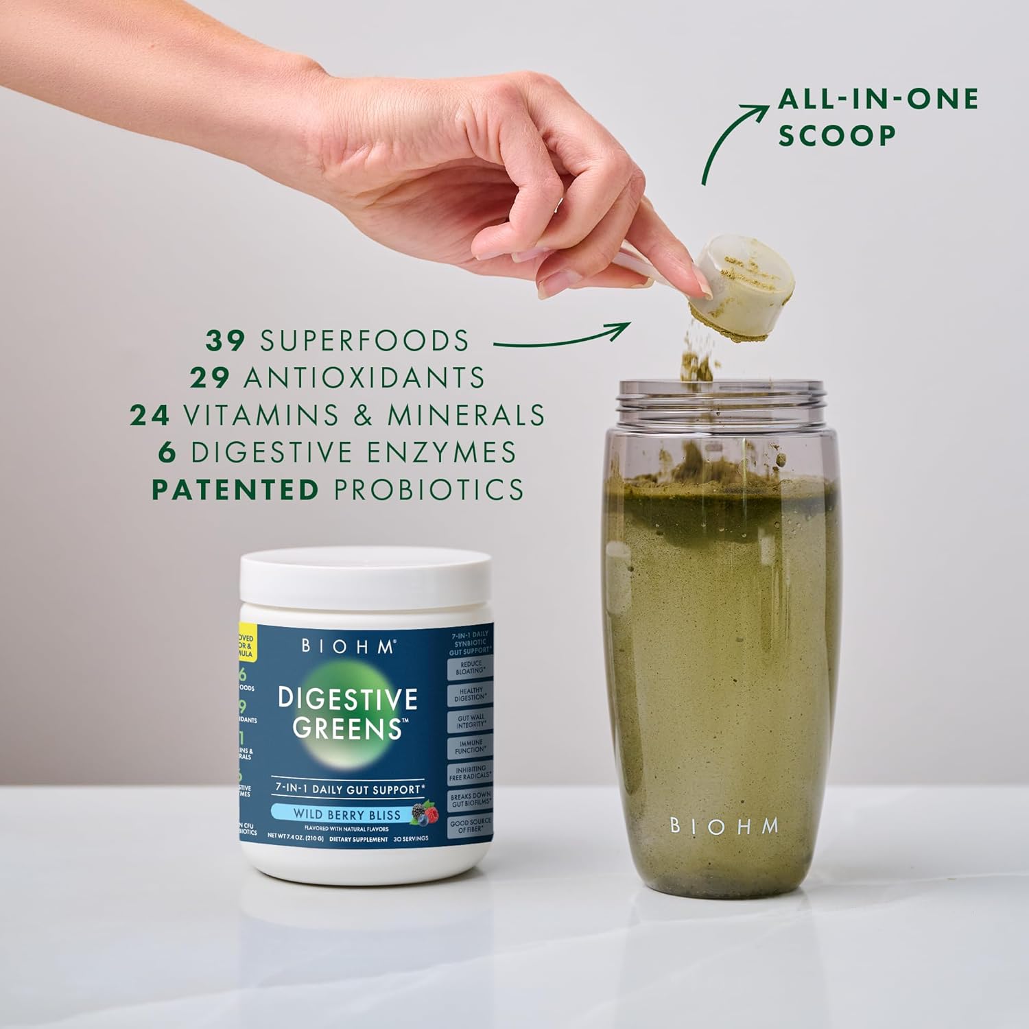 Antioxidant-Rich BIOHM Digestive Greens Superfood Powder with Probiotics, Enzymes, Ashwagandha, Spirulina, Chlorella - Berry Flavor, 30 Servings