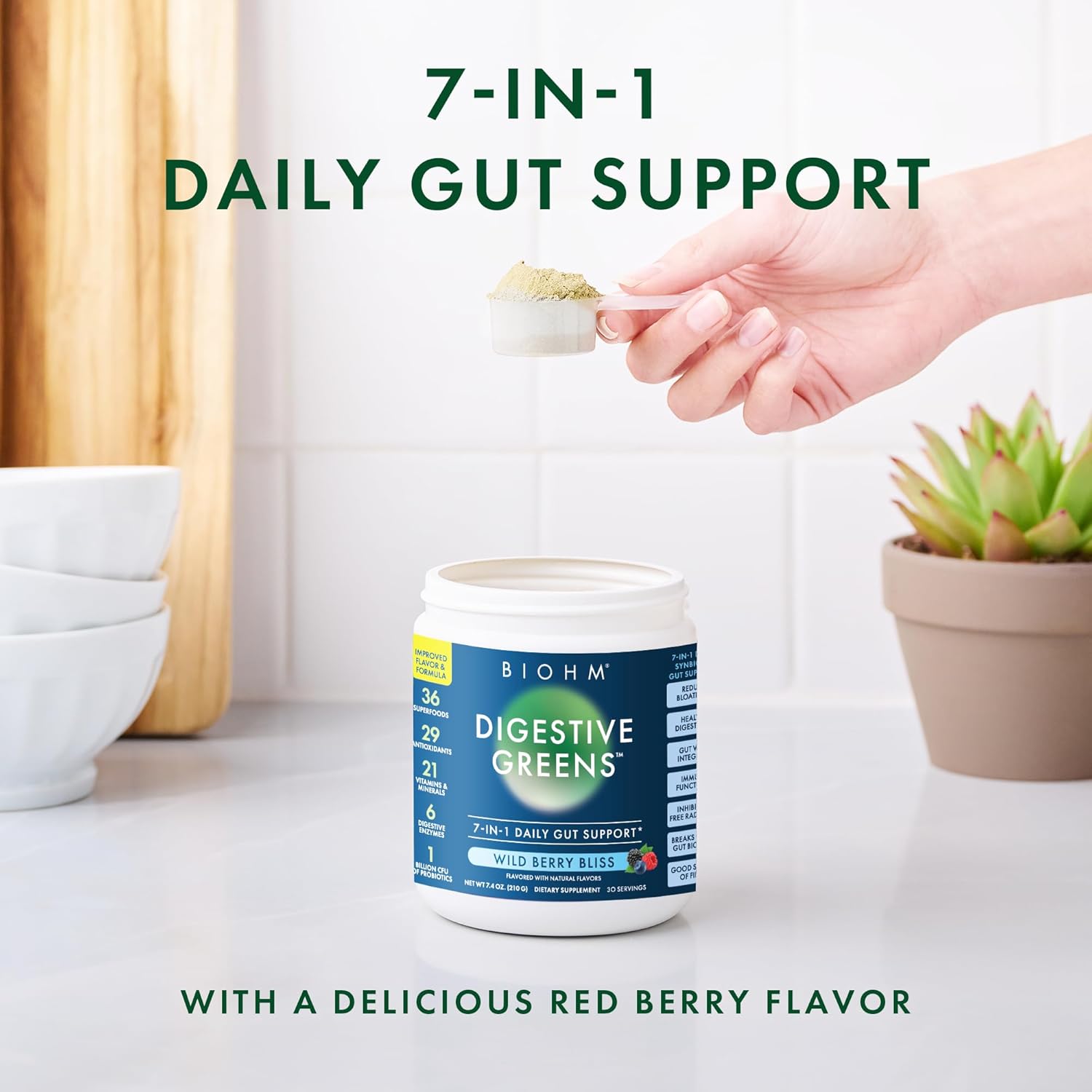 Antioxidant-Rich BIOHM Digestive Greens Superfood Powder with Probiotics, Enzymes, Ashwagandha, Spirulina, Chlorella - Berry Flavor, 30 Servings