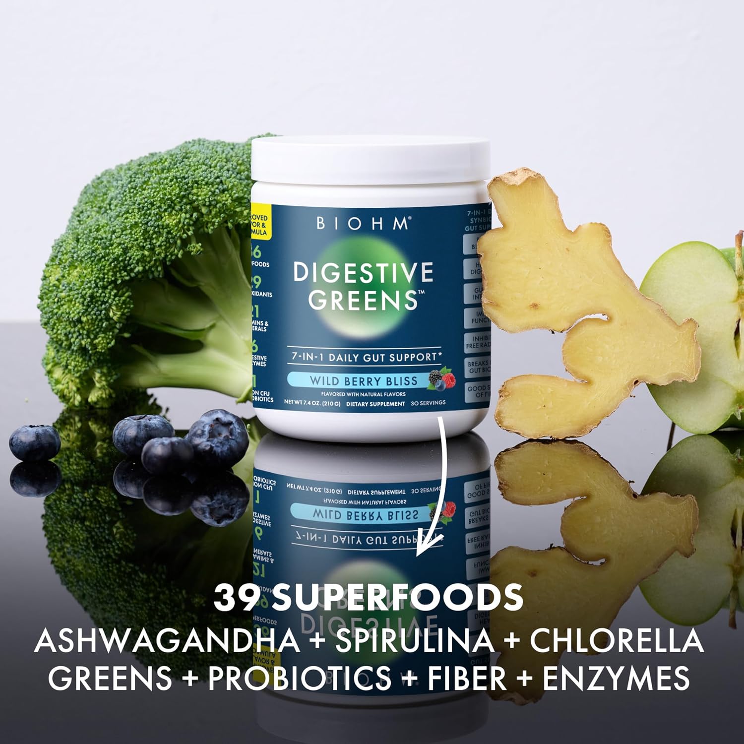 Antioxidant-Rich BIOHM Digestive Greens Superfood Powder with Probiotics, Enzymes, Ashwagandha, Spirulina, Chlorella - Berry Flavor, 30 Servings