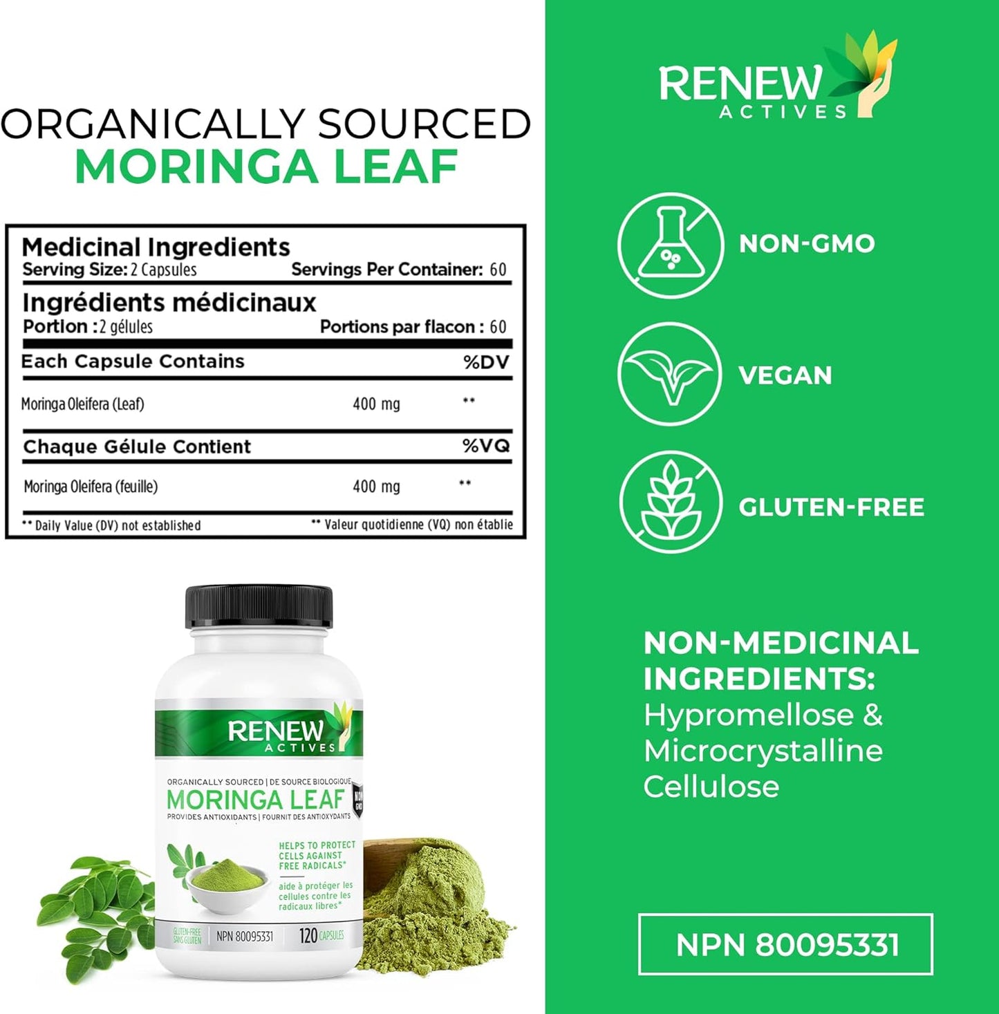Antioxidant-Rich Moringa Leaf Supplement for Good Health - Easy-to-Swallow Capsules - 120 Count