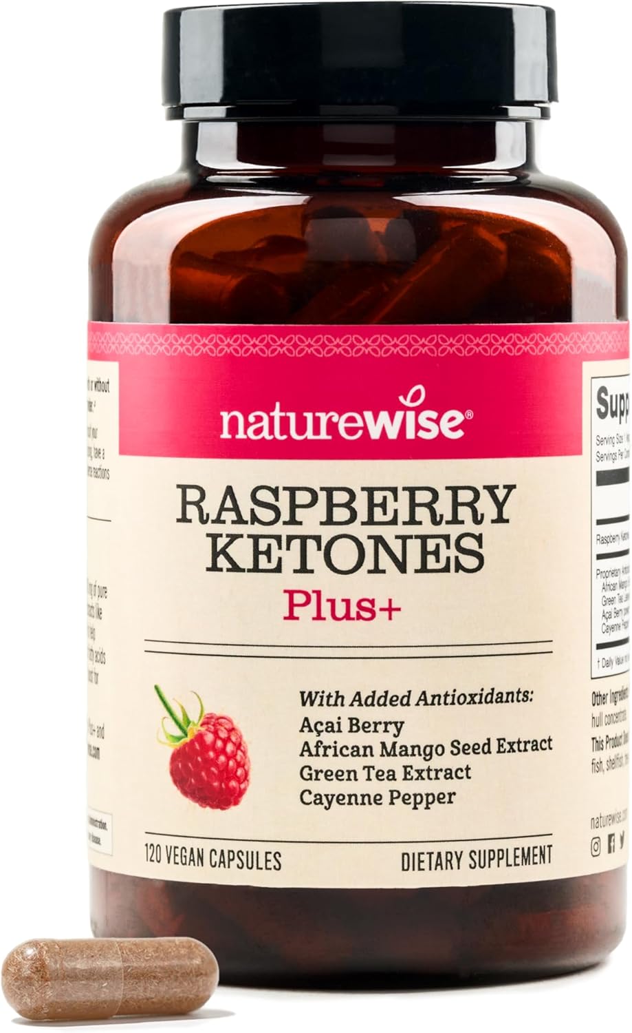 Antioxidant-Rich NatureWise Raspberry Ketones Plus Capsules - Energy Boost, Weight Support - Vegan & Gluten-Free - 120-Day Supply