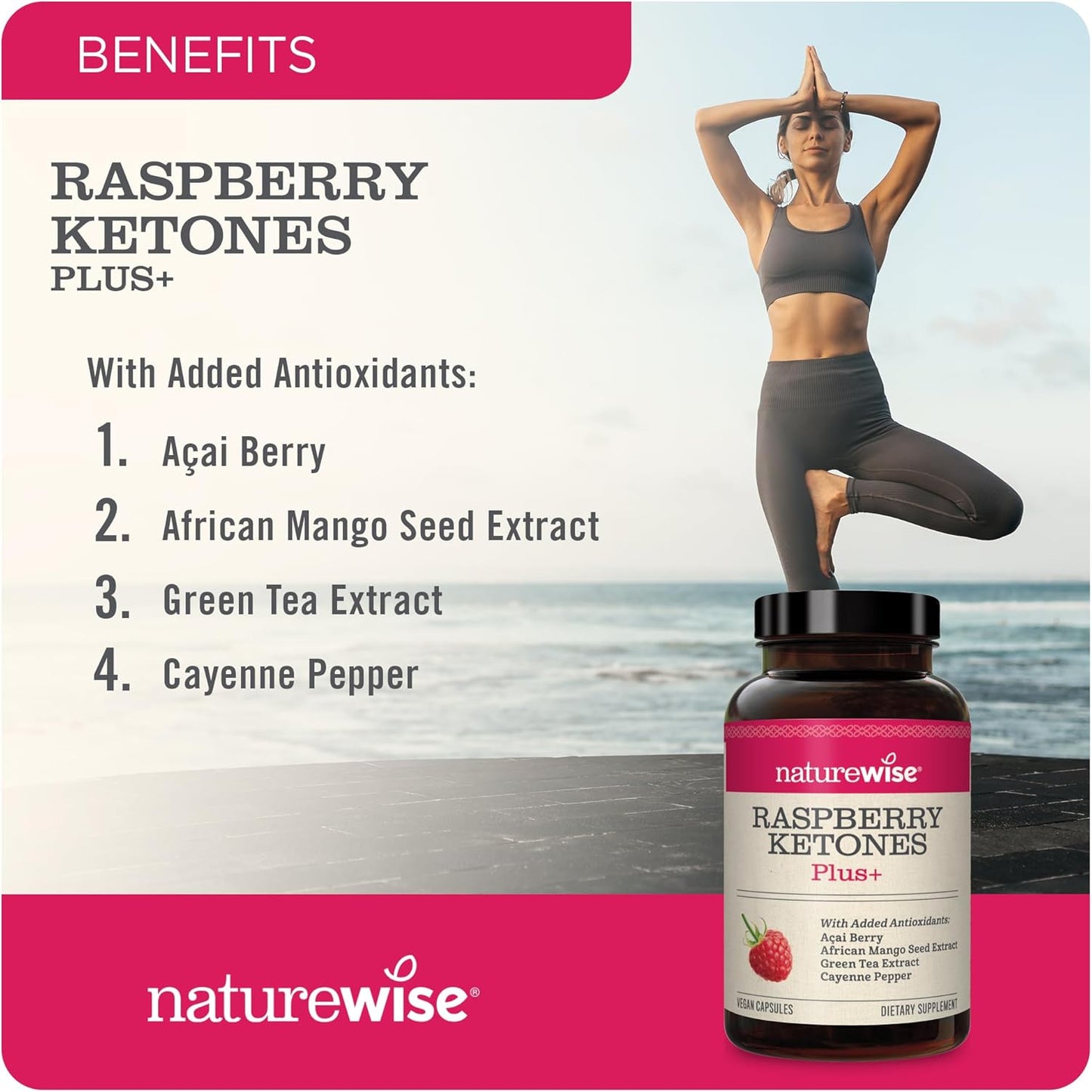 Antioxidant-Rich NatureWise Raspberry Ketones Plus Capsules - Energy Boost, Weight Support - Vegan & Gluten-Free - 120-Day Supply