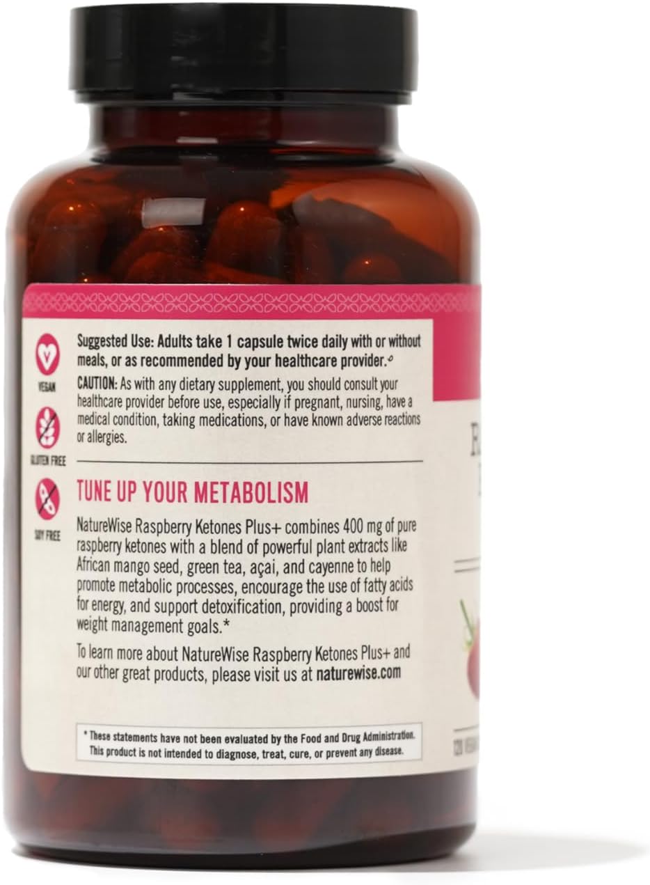 Antioxidant-Rich NatureWise Raspberry Ketones Plus Capsules - Energy Boost, Weight Support - Vegan & Gluten-Free - 120-Day Supply