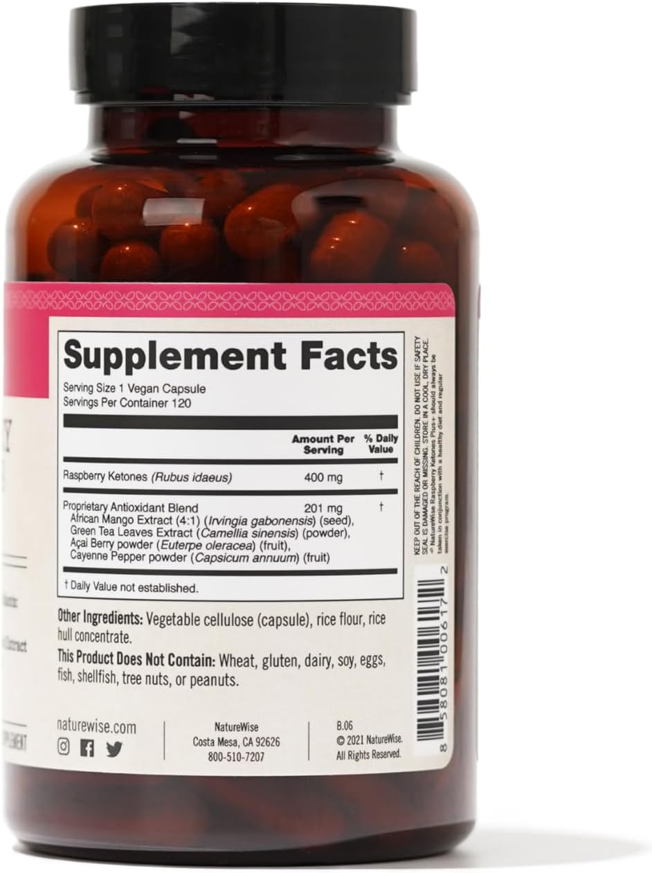Antioxidant-Rich NatureWise Raspberry Ketones Plus Capsules - Energy Boost, Weight Support - Vegan & Gluten-Free - 120-Day Supply