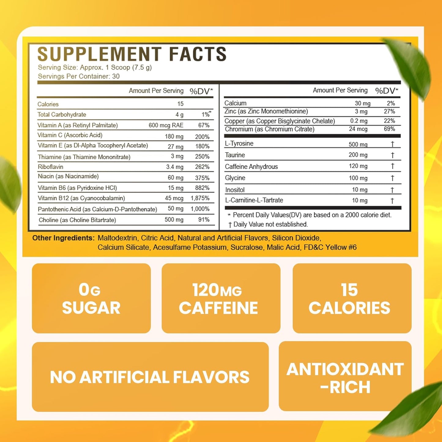Antioxidant-Rich Sugar-Free Energy Drink Powder for Morning Boost & Sports Nutrition - 30 Servings, Orange Burst - 8 Ounces