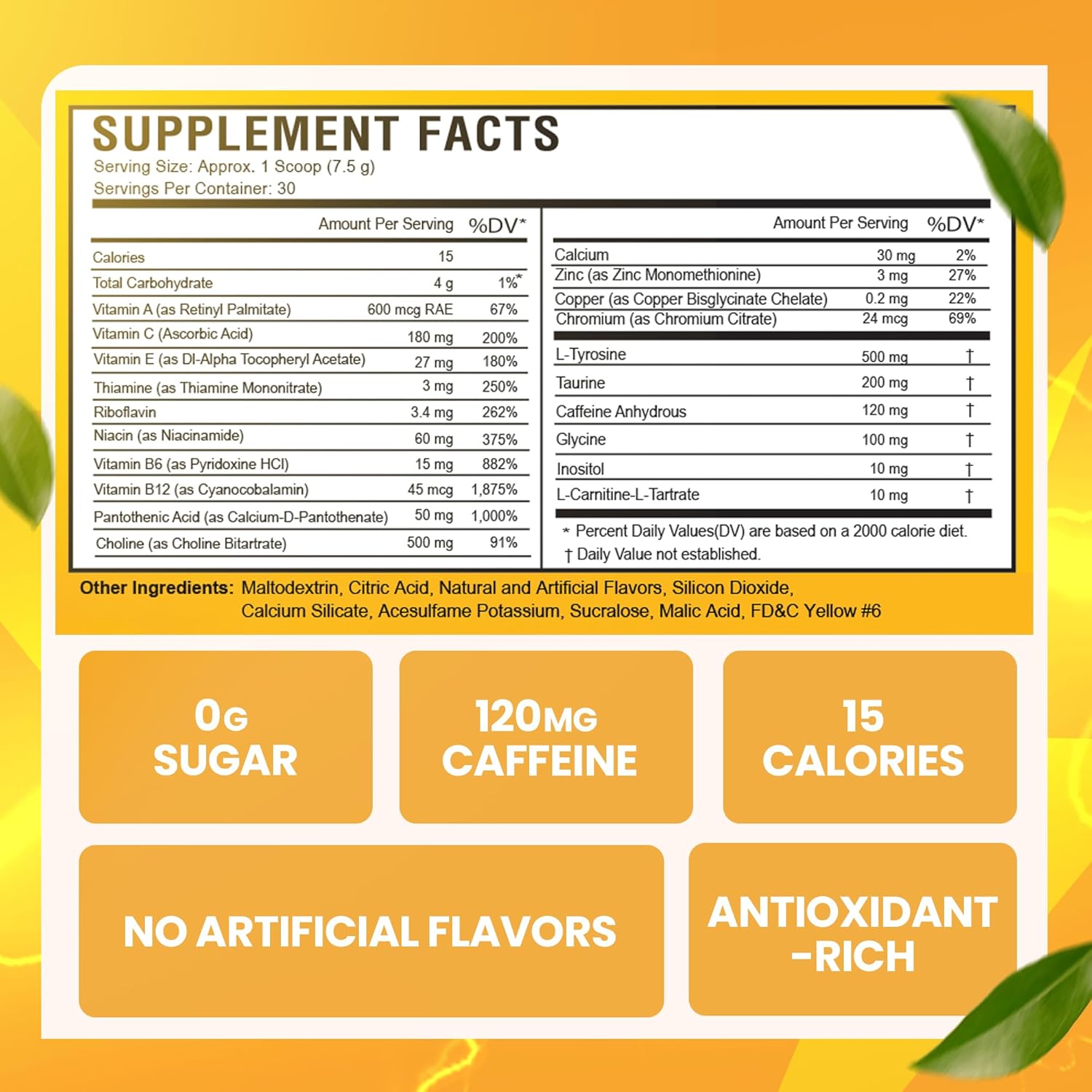 Antioxidant-Rich Sugar-Free Energy Drink Powder for Morning Boost & Sports Nutrition - 30 Servings, Orange Burst - 8 Ounces