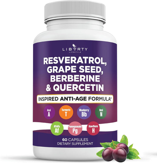 Antioxidant Supplement with Resveratrol, Berberine, Grape Seed Extract, Quercetin, Noni, NAC, Acai - 60 Count for Men and Women