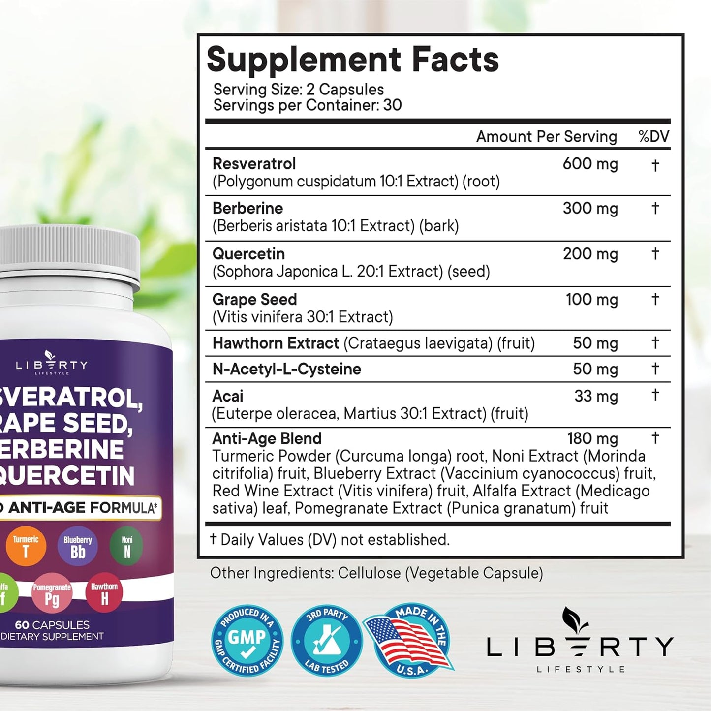 Antioxidant Supplement with Resveratrol, Berberine, Grape Seed Extract, Quercetin, Noni, NAC, Acai - 60 Count for Men and Women