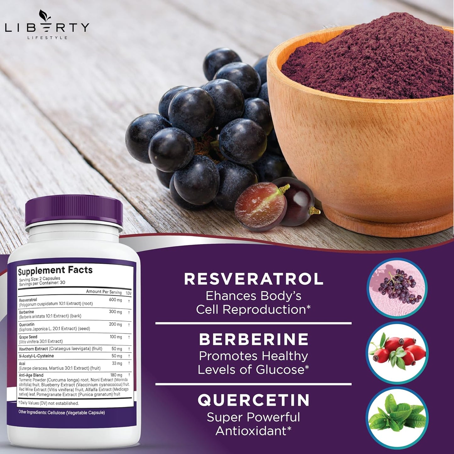 Antioxidant Supplement with Resveratrol, Berberine, Grape Seed Extract, Quercetin, Noni, NAC, Acai - 60 Count for Men and Women