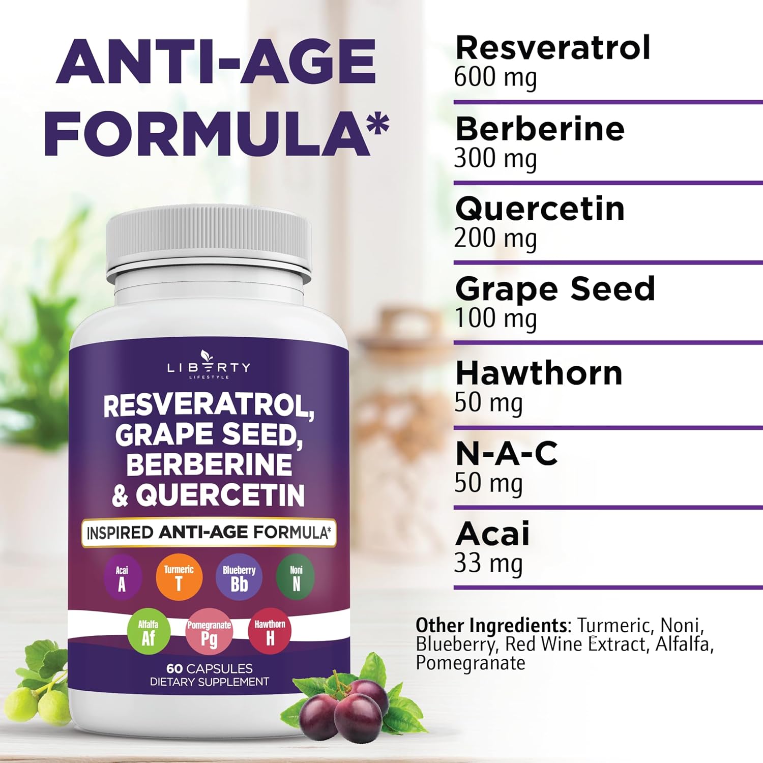 Antioxidant Supplement with Resveratrol, Berberine, Grape Seed Extract, Quercetin, Noni, NAC, Acai - 60 Count for Men and Women