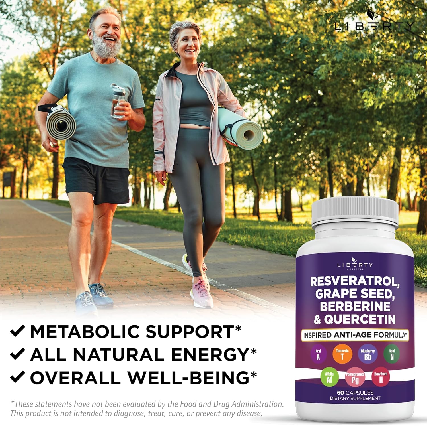 Antioxidant Supplement with Resveratrol, Berberine, Grape Seed Extract, Quercetin, Noni, NAC, Acai - 60 Count for Men and Women