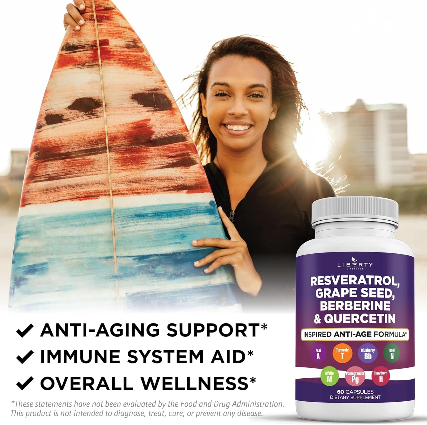 Antioxidant Supplement with Resveratrol, Berberine, Grape Seed Extract, Quercetin, Noni, NAC, Acai - 60 Count for Men and Women