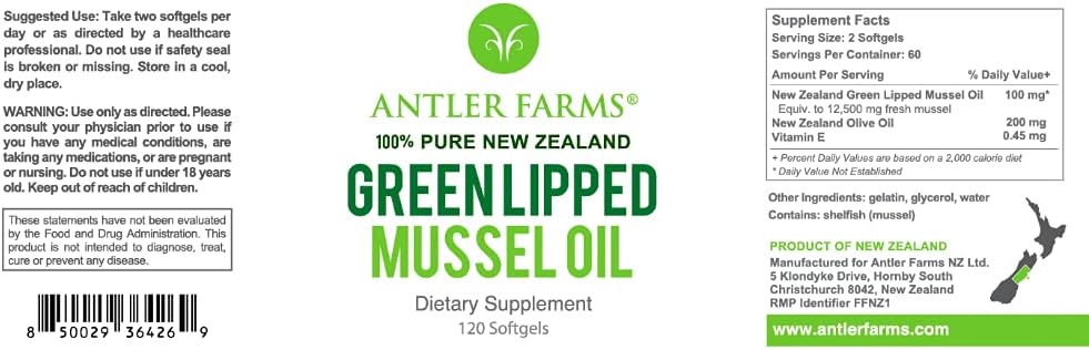 Antler Farms 100% Pure New Zealand Green Lipped Mussel Oil Softgels - 12,500mg Equivalent - 2 Month Supply