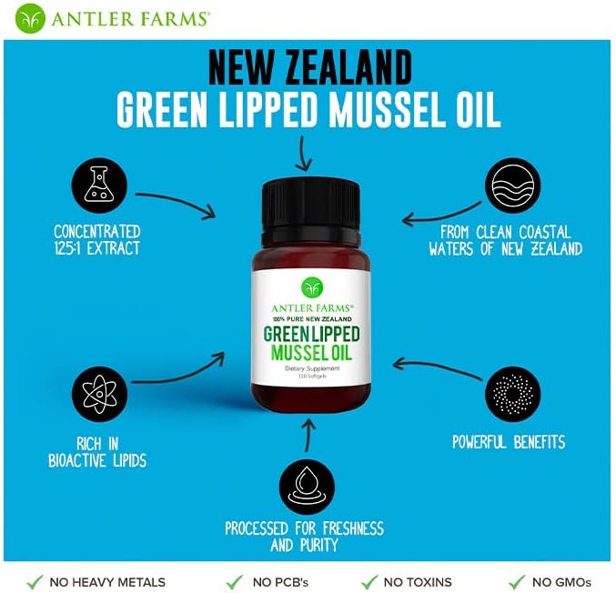 Antler Farms 100% Pure New Zealand Green Lipped Mussel Oil Softgels - 12,500mg Equivalent - 2 Month Supply