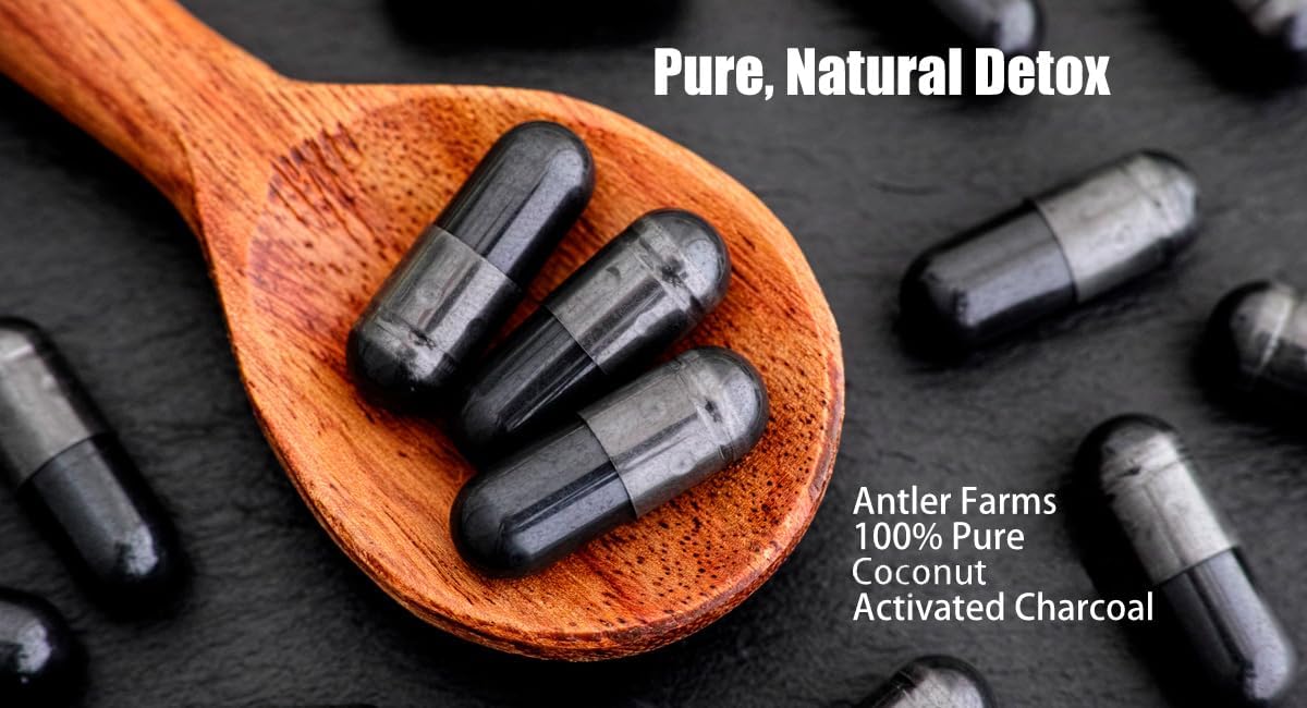 Antler Farms Coconut Activated Charcoal Capsules - 180 Count, 260mg, USP Food Grade, Ultra Fine Powder