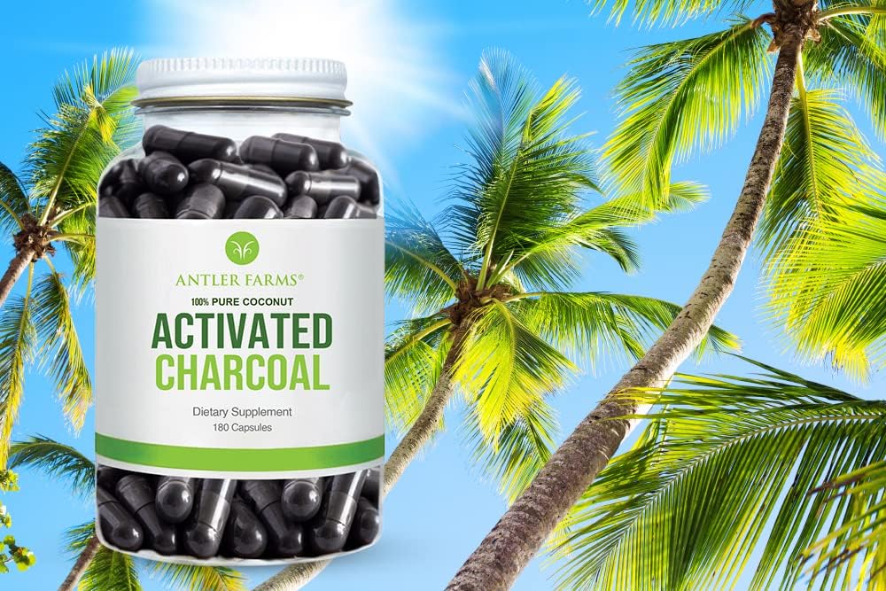 Antler Farms Coconut Activated Charcoal Capsules - 180 Count, 260mg, USP Food Grade, Ultra Fine Powder