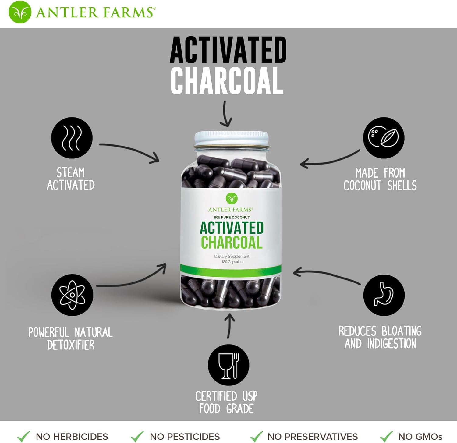 Antler Farms Coconut Activated Charcoal Capsules - 180 Count, 260mg, USP Food Grade, Ultra Fine Powder