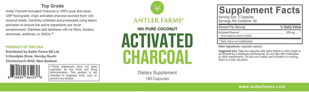 Antler Farms Coconut Activated Charcoal Capsules - 180 Count, 260mg, USP Food Grade, Ultra Fine Powder