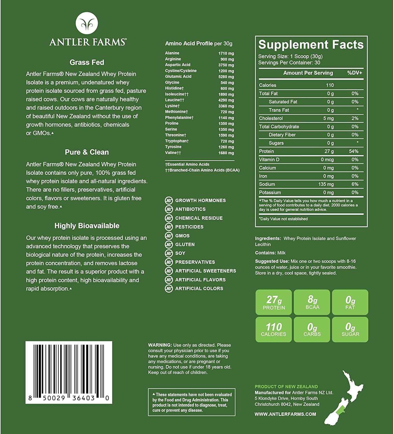 Antler Farms Grass Fed New Zealand Whey Protein Isolate - 2 lbs, Unflavored, Pure & Clean, Cold Processed - 100% Natural Whey