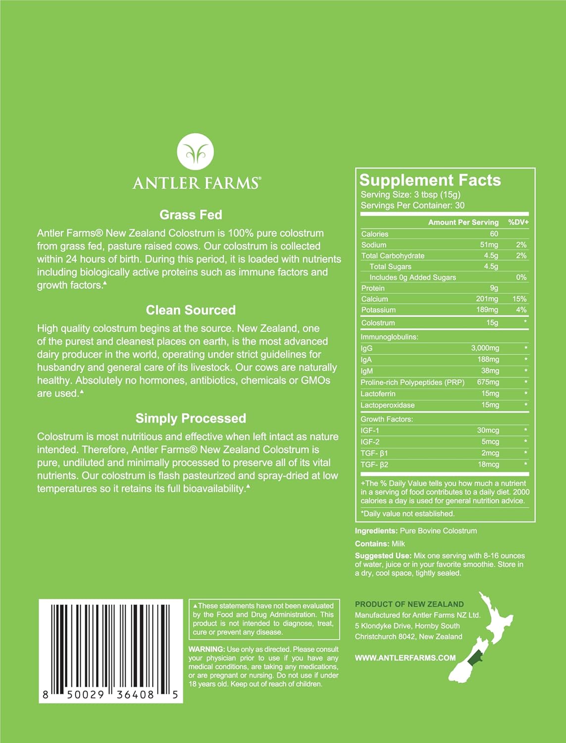 Antler Farms New Zealand Colostrum: 100% Pure, Grass Fed, High IgG, 30 Servings, 1 lb