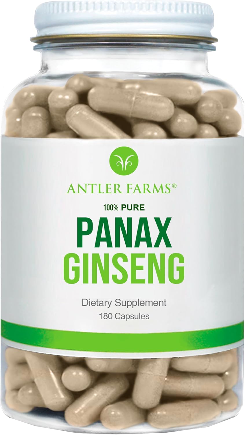 Antler Farms Red Panax Ginseng Extract Capsules - 100% Pure, 180 Count, 500mg - Changbai Mountains Ginseng Root, 10% Ginsenosides