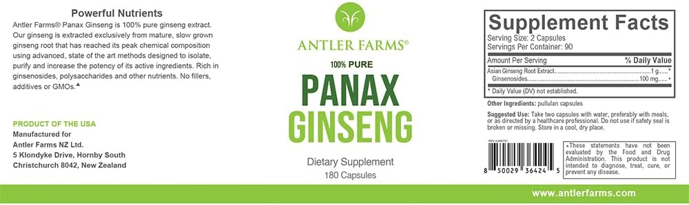 Antler Farms Red Panax Ginseng Extract Capsules - 100% Pure, 180 Count, 500mg - Changbai Mountains Ginseng Root, 10% Ginsenosides