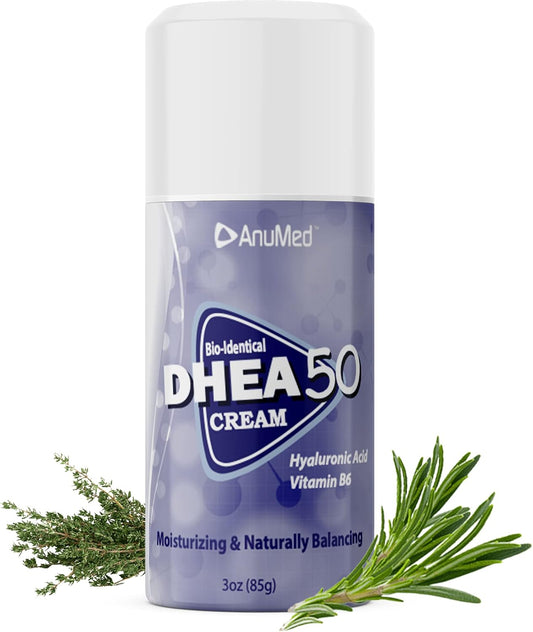 AnuMed International ANUMED - Natural DHEA 50mg Cream with Hyaluronic Acid, Vit B6, Essential Oils, Herbs - 3oz