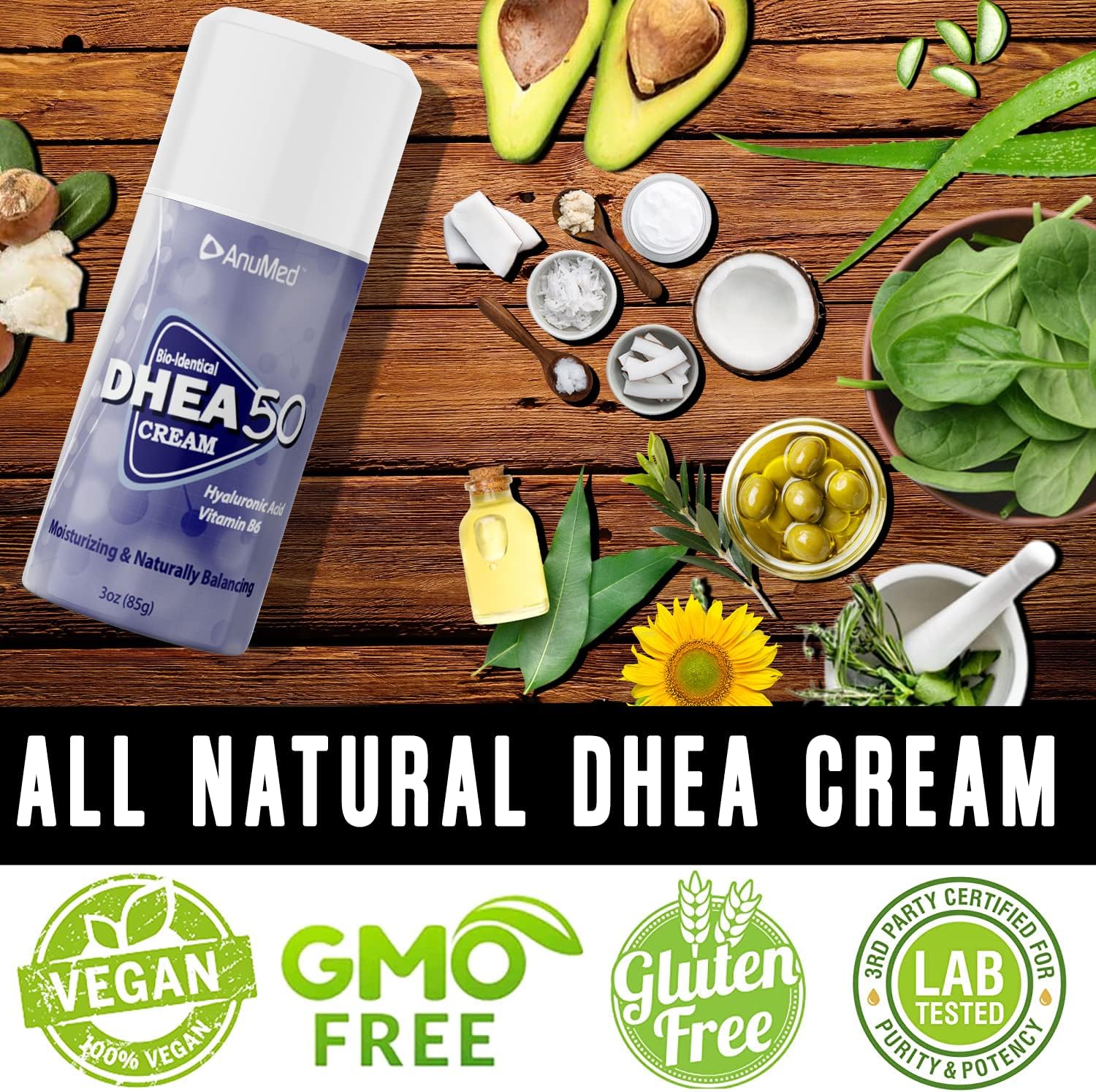 AnuMed International ANUMED - Natural DHEA 50mg Cream with Hyaluronic Acid, Vit B6, Essential Oils, Herbs - 3oz