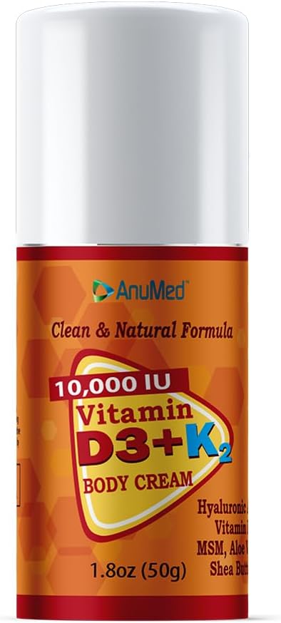 AnuMed International Vitamin D3 with K2 10000 IU Cream - Promotes Stronger Bones, Muscles, Joints - Maximum Calcium Absorption - Travel Size - 1.8oz