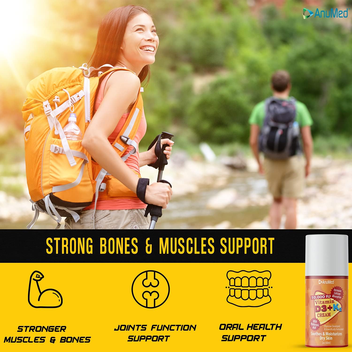 AnuMed International Vitamin D3 with K2 10000 IU Cream - Promotes Stronger Bones, Muscles, Joints - Maximum Calcium Absorption - Travel Size - 1.8oz