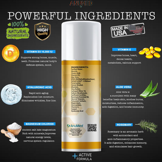 AnuMed International Vitamin D3 with Magnesium Cream - 10,000 IU, Hyaluronic Acid, Vitamin E, Shea Butter - Stronger Bones, Muscles, Joints, Immune System - 3oz