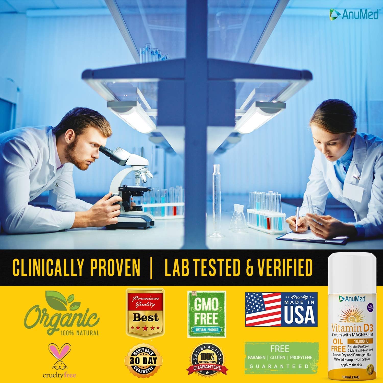 AnuMed International Vitamin D3 with Magnesium Cream - 10,000 IU, Hyaluronic Acid, Vitamin E, Shea Butter - Stronger Bones, Muscles, Joints, Immune System - 3oz
