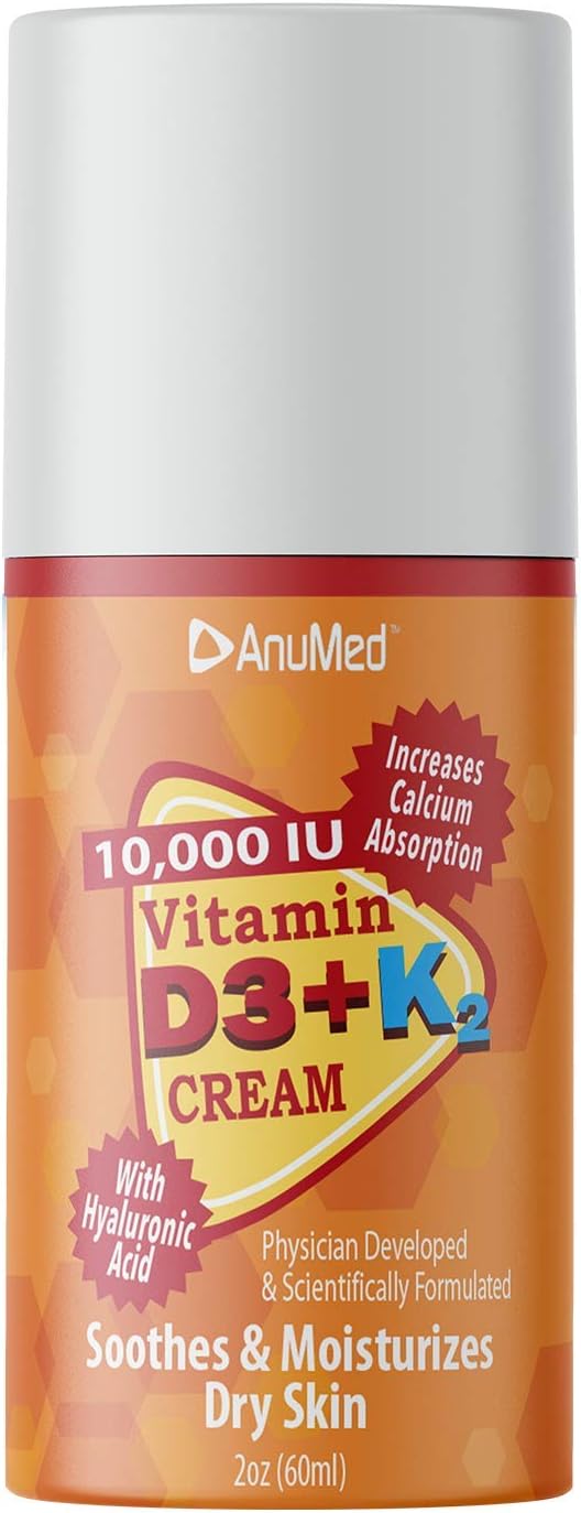 ANUMED Natural Cream Bundle: Vitamin D3 10,000 IU + D3 with K2 10,000 IU Travel Size 2oz - Hyaluronic Acid, Magnesium, Vitamin E, Zinc, Vitamin B3 - Non-GMO