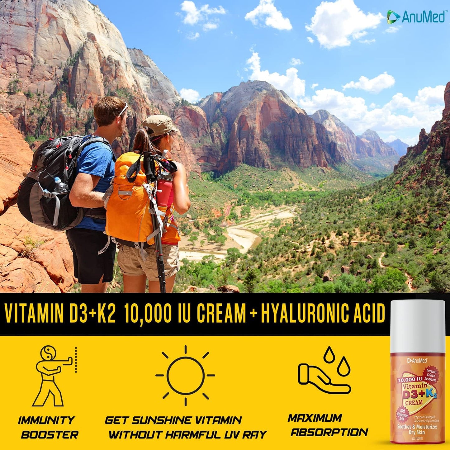 ANUMED Natural Cream Bundle: Vitamin D3 10,000 IU + D3 with K2 10,000 IU Travel Size 2oz - Hyaluronic Acid, Magnesium, Vitamin E, Zinc, Vitamin B3 - Non-GMO