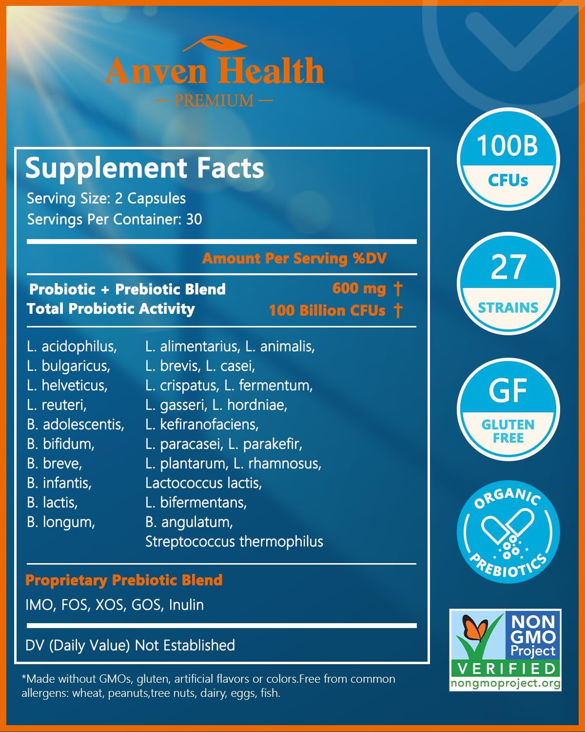 Anven Health 100 Billion Probiotics with Apigenin and L-Theanine for Gut, Immune, Relaxation, and Stress Support | 27 Strains, Vegan, Non-GMO | 240 Capsules