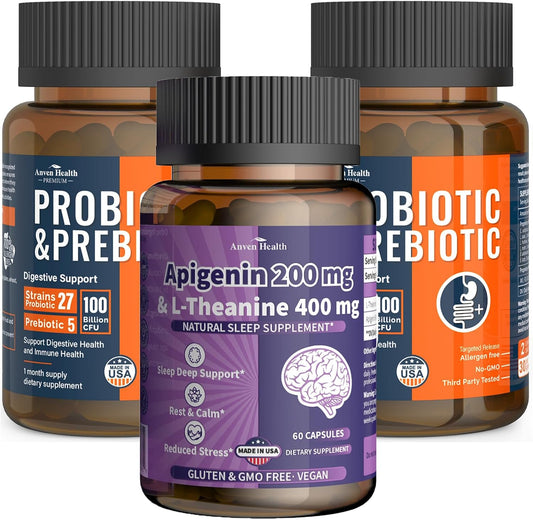 Anven Health Gut & Immune Support Probiotics with Apigenin & L-Theanine | 27 Strains, Vegan, Non-GMO | 120 Caps + 60 Veggie Caps