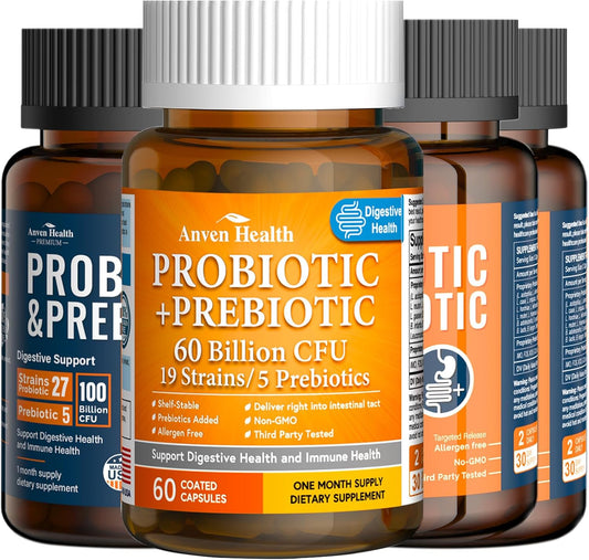 Anven Health Optimal Gut Health Bundle: 100 Billion & 60 Billion Probiotics for Digestive & Immune Health - Family Pack of 4