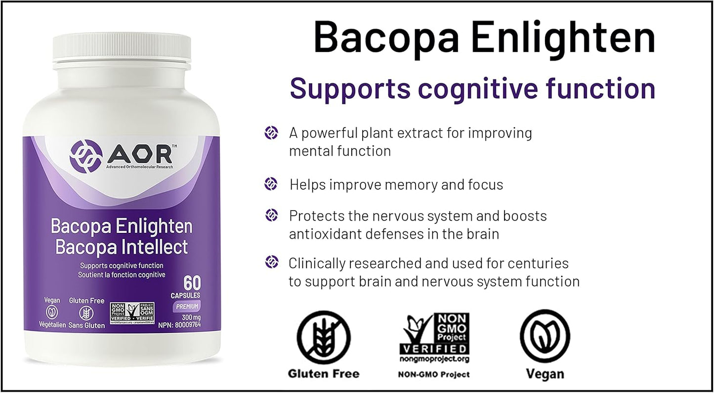 AOR Bacopa Enlighten Supplement - 300mg Ayurvedic Bacopa Monnieri, Vegan Capsules (60 Servings)