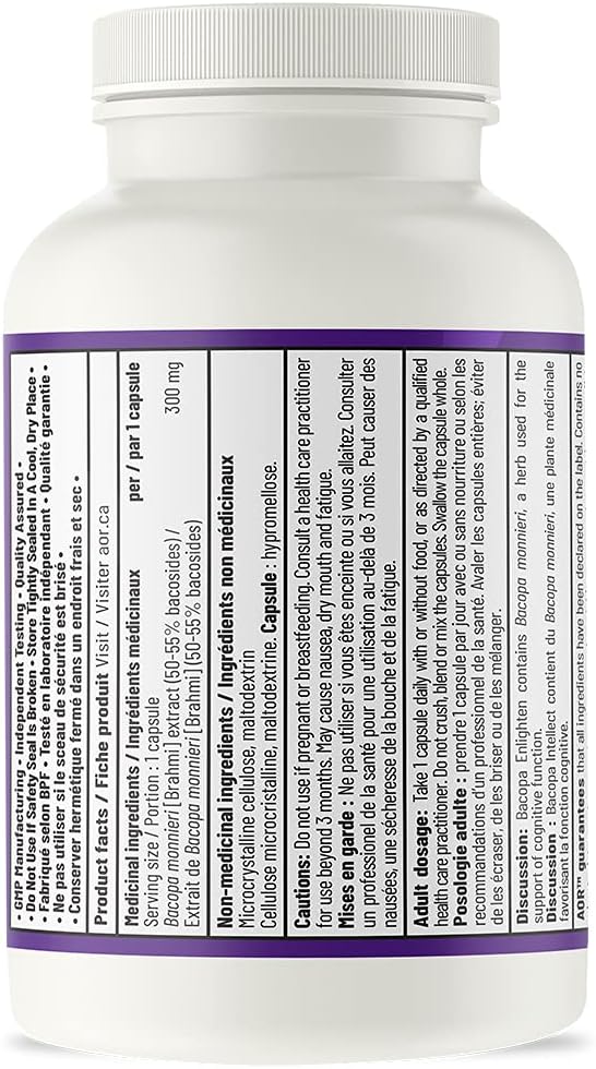 AOR Bacopa Enlighten Supplement - 300mg Ayurvedic Bacopa Monnieri, Vegan Capsules (60 Servings)